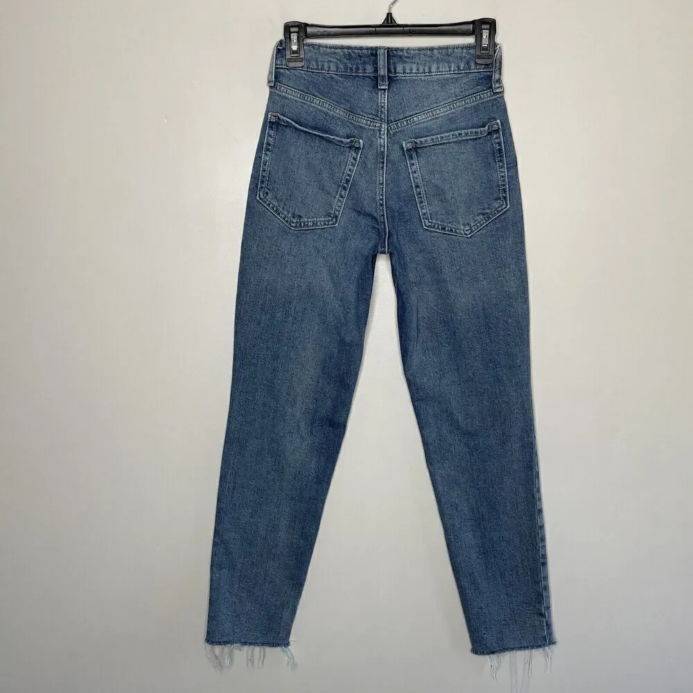 OLD NAVY Jeans Womens 0 OG Straight High Rise Button Fly Medium Wash Distressed - Picture 5 of 10